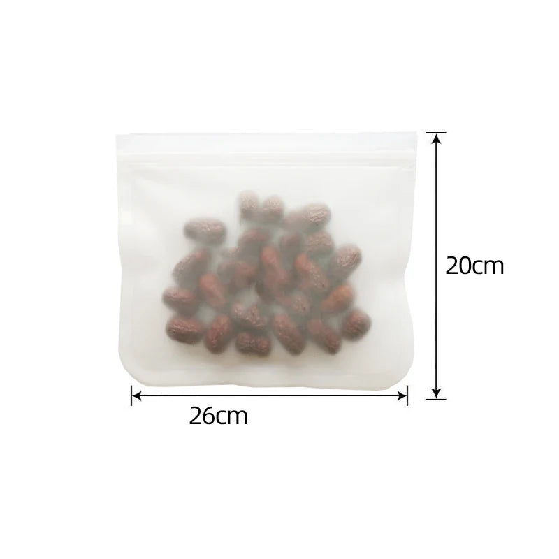 Reusable silicone food storage bag with zip seal, 26x20cm, leakproof and freezer safe for fresh food storage.