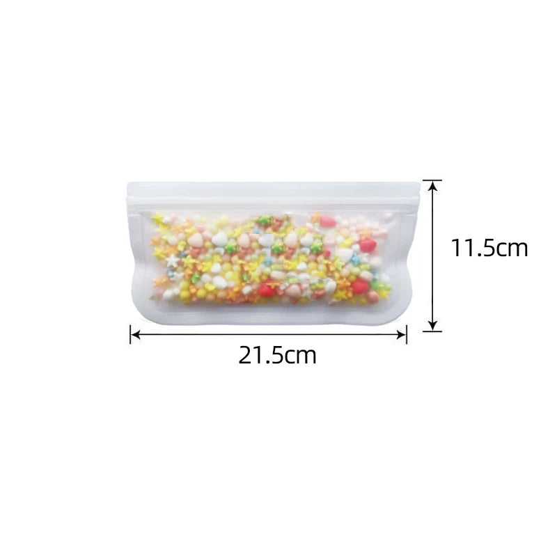 Clear silicone food storage bag with zip seal, dimensions 21.5cm by 11.5cm, reusable and leakproof