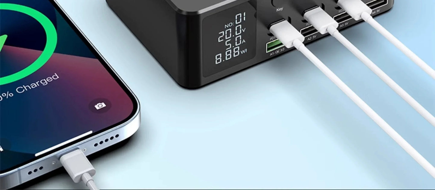 GaN fast charger with PD and USB, Type-C ports charging phone, digital display showing voltage and wattage.