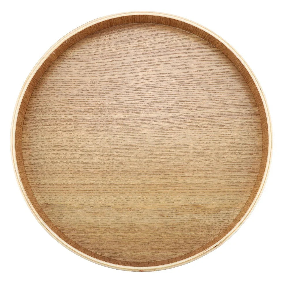 Wooden serving tray, round design, ideal for tea, fruits, and desserts.