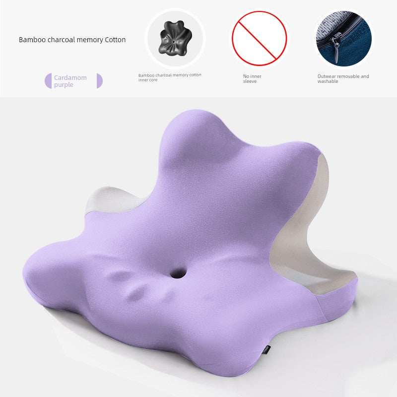 Cervical support neck pillow in purple, made of bamboo charcoal memory cotton for enhanced sleeping comfort.