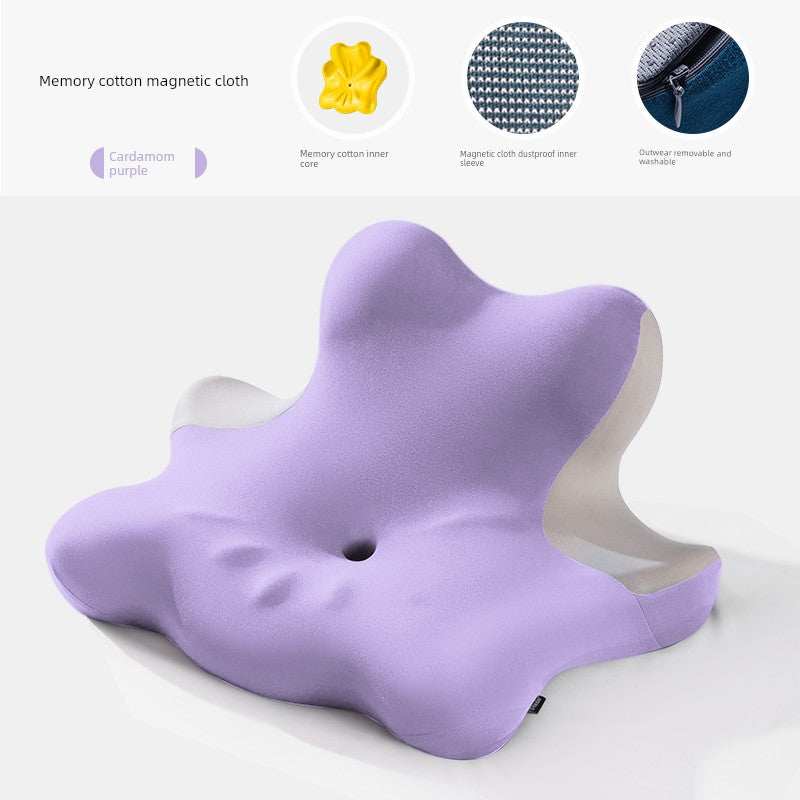 Purple cervical support neck pillow with memory foam core.