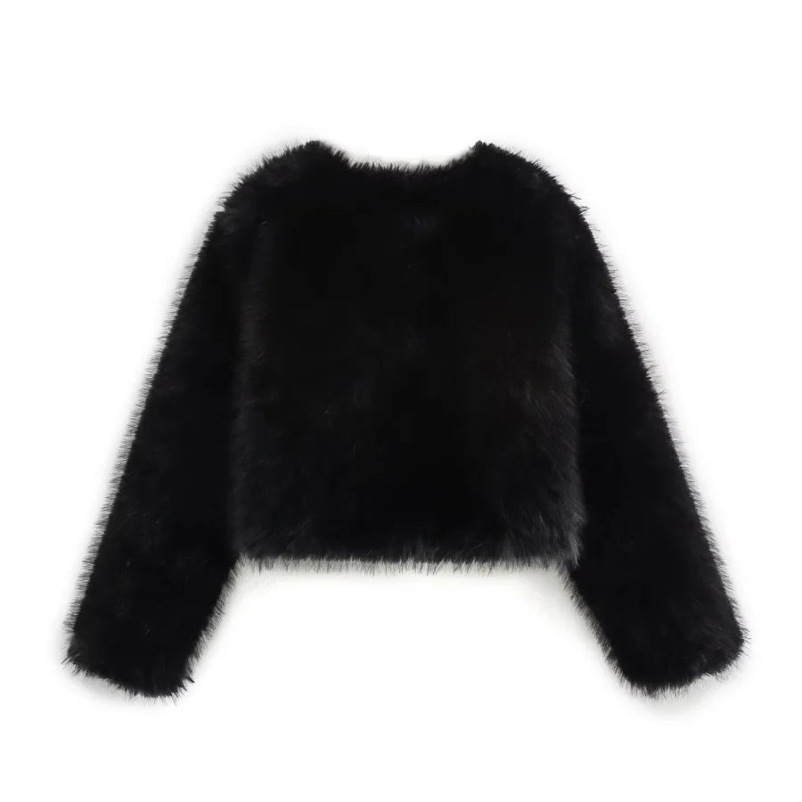 Faux fur jacket Traf 2024 Fall/Winter New Fashion Women's Faux Fur Effect Round Neck Long Sleeve Short Jacket
