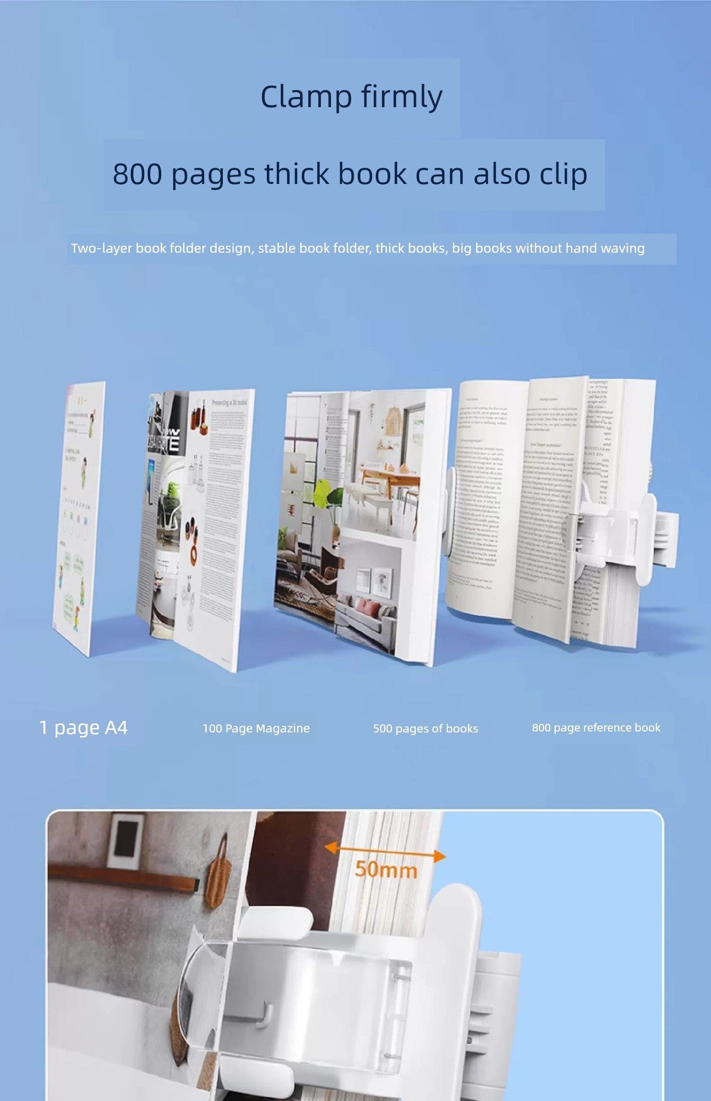 Adjustable book holder for bed, suitable for thick books up to 800 pages, ideal for hands-free reading.