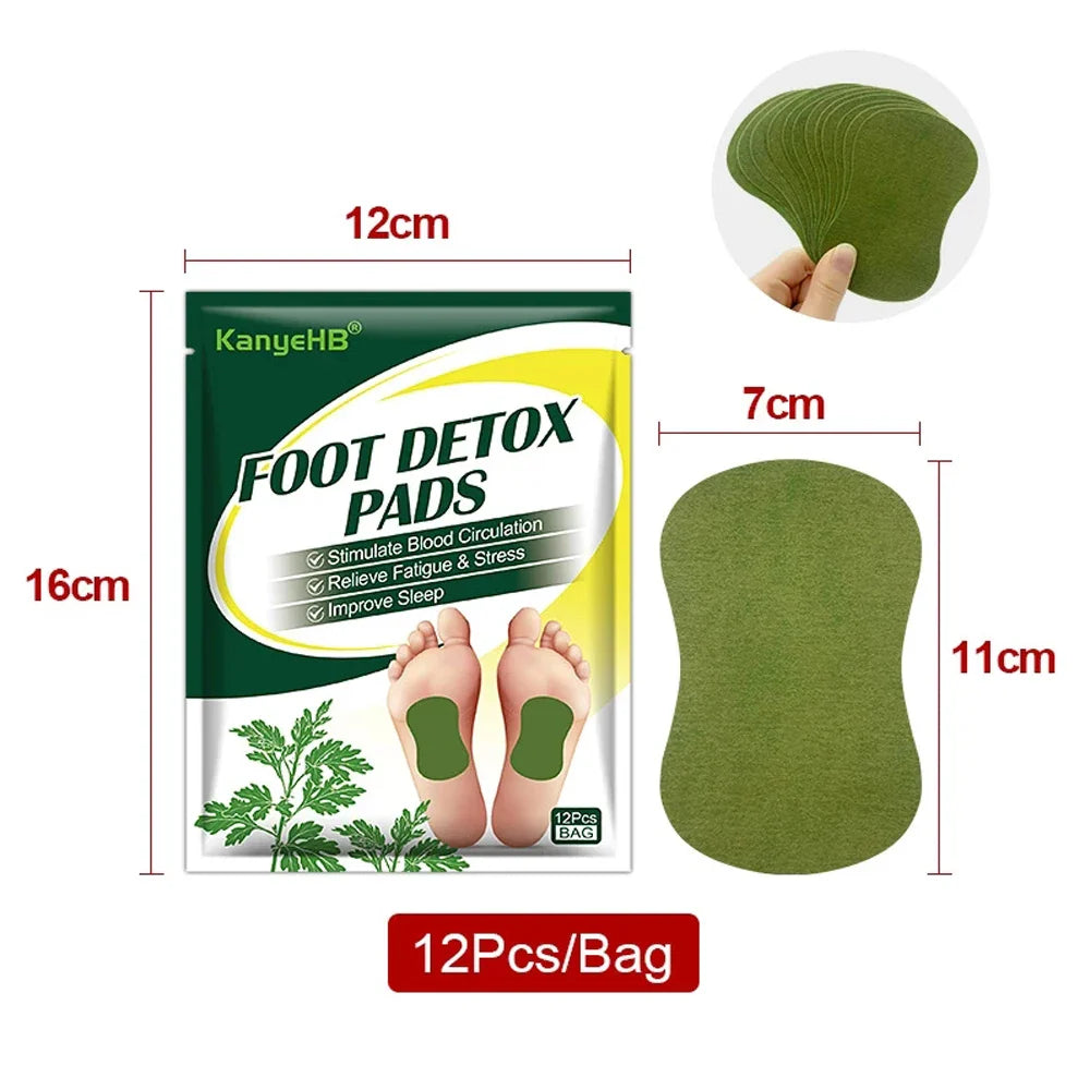 Detox Foot Patches in packaging with wormwood, 12pcs per bag, promotes cleansing and stress relief.