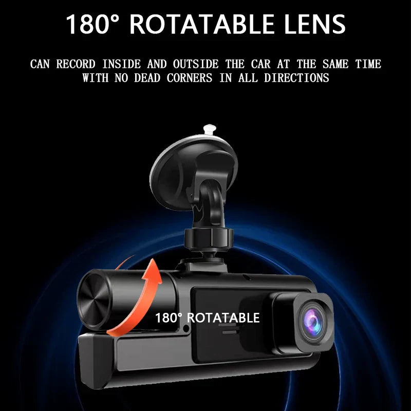 180-degree rotatable lens dash cam with dual recording capability inside and outside the car.