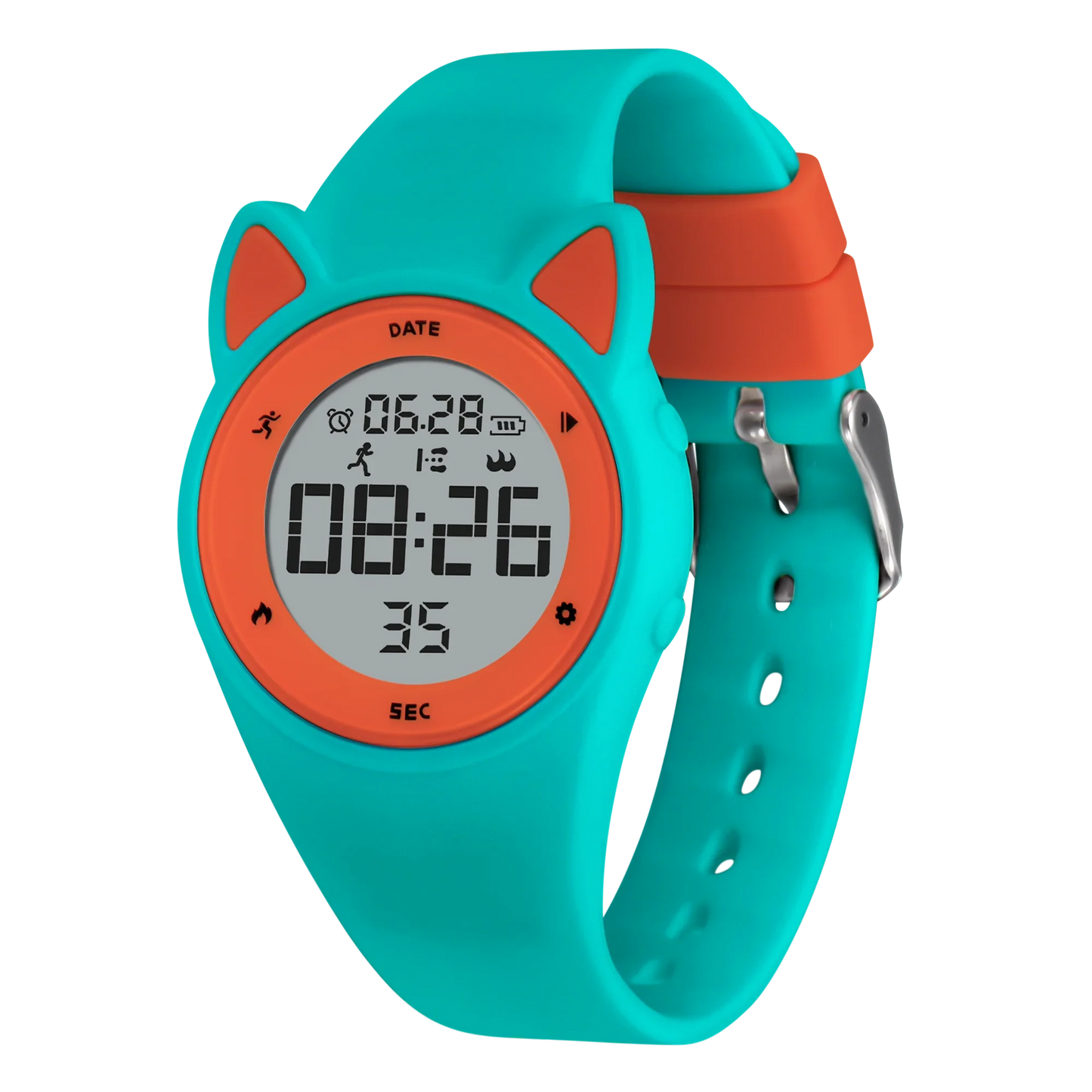 Kids fitness tracker watch with blue silicone band, orange accents, and digital LED display.