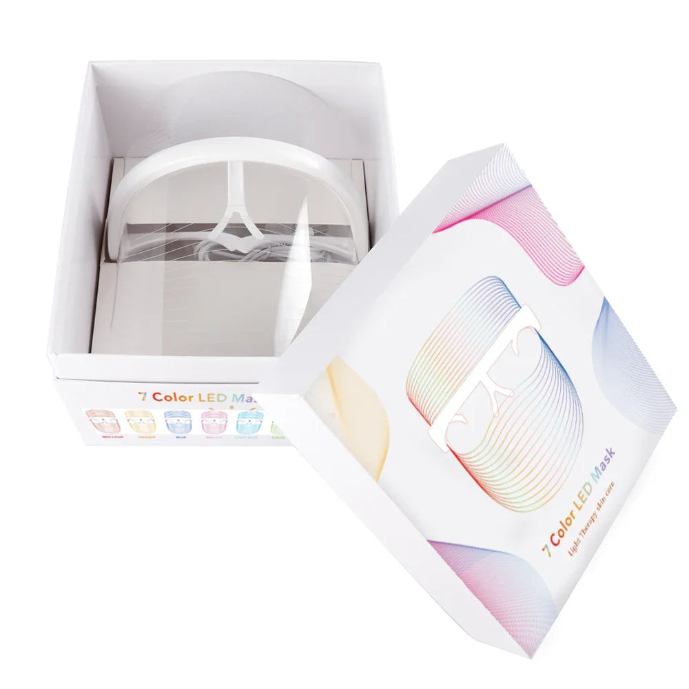 LED face mask in open box with colorful packaging, featuring skin care benefits.
