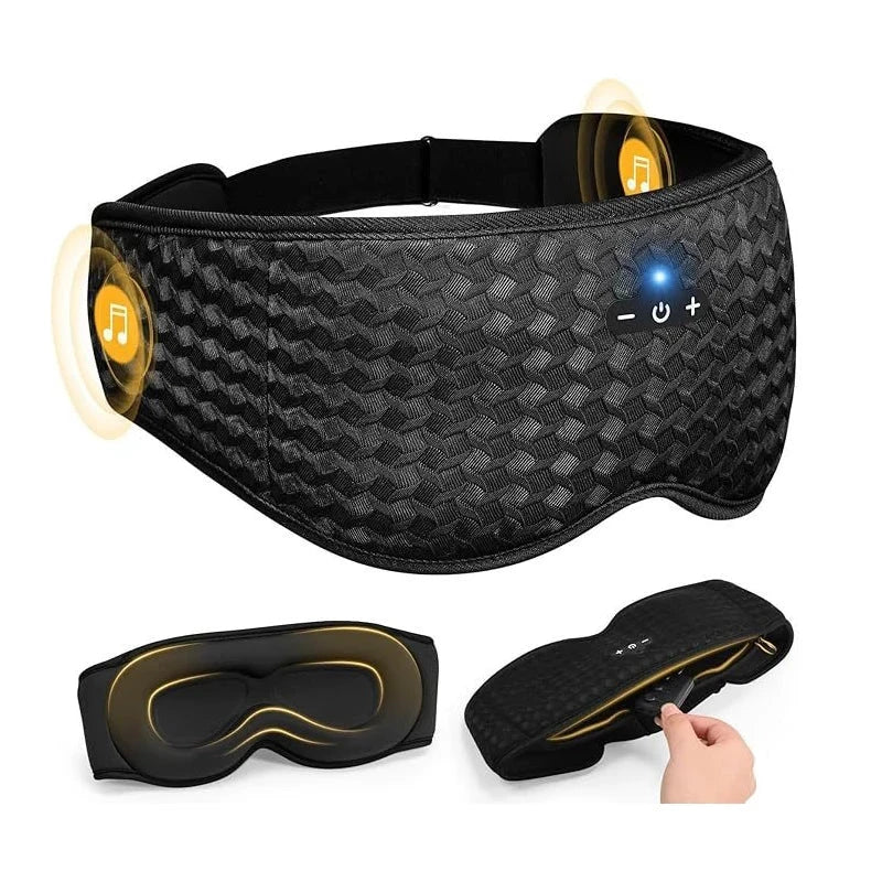 Bluetooth sleep mask with wireless connectivity, built-in speakers, and control buttons for music and calls.