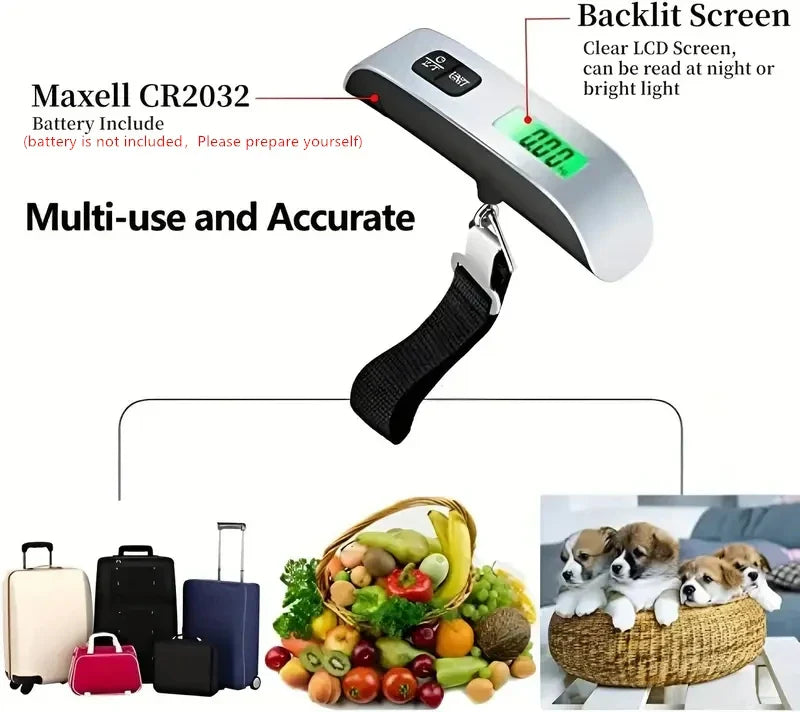 Digital luggage scale with LCD display and Maxell CR2032 battery, showing use for luggage, groceries, and pets.