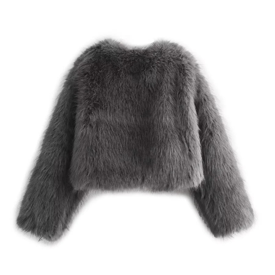 Faux fur jacket Traf 2024 Fall/Winter New Fashion Women's Faux Fur Effect Round Neck Long Sleeve Short Jacket