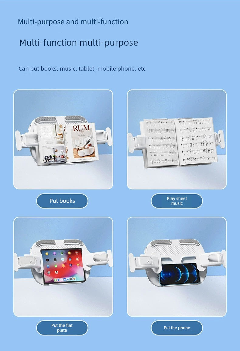 Adjustable book holder for bed displaying multiple uses: holding books, music sheets, tablets, and phones.