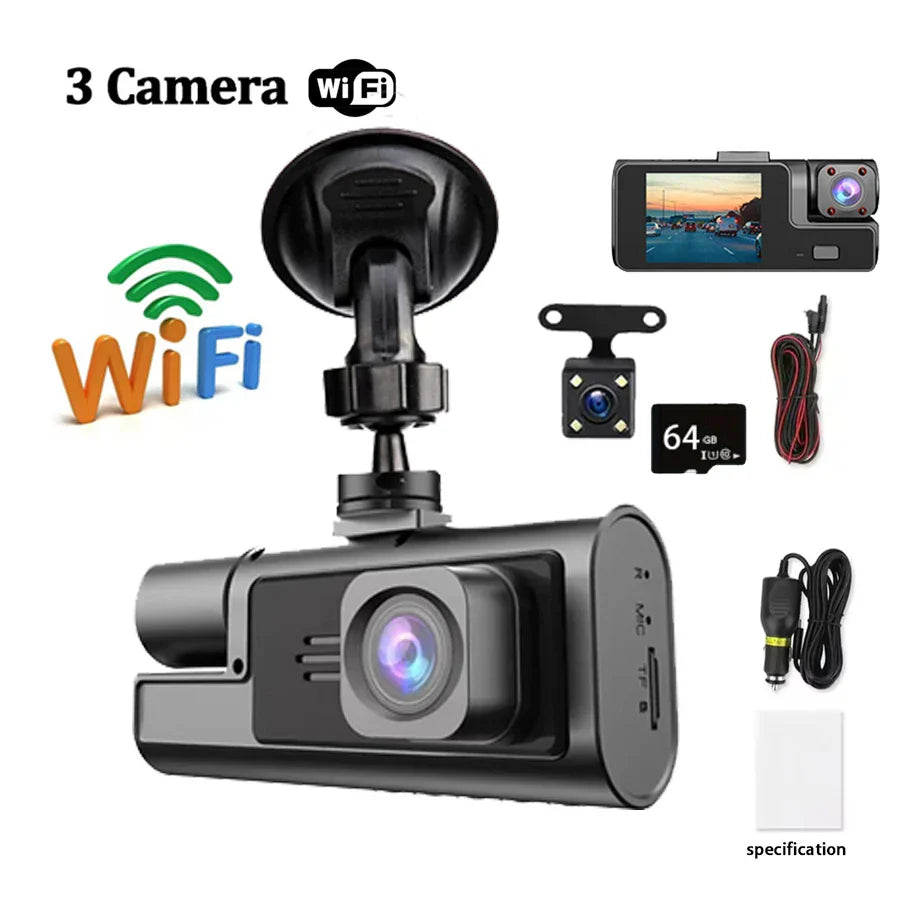 Dash cam with Wi-Fi, 3 cameras, HD video, includes 64GB memory card, power cord, and accessories.