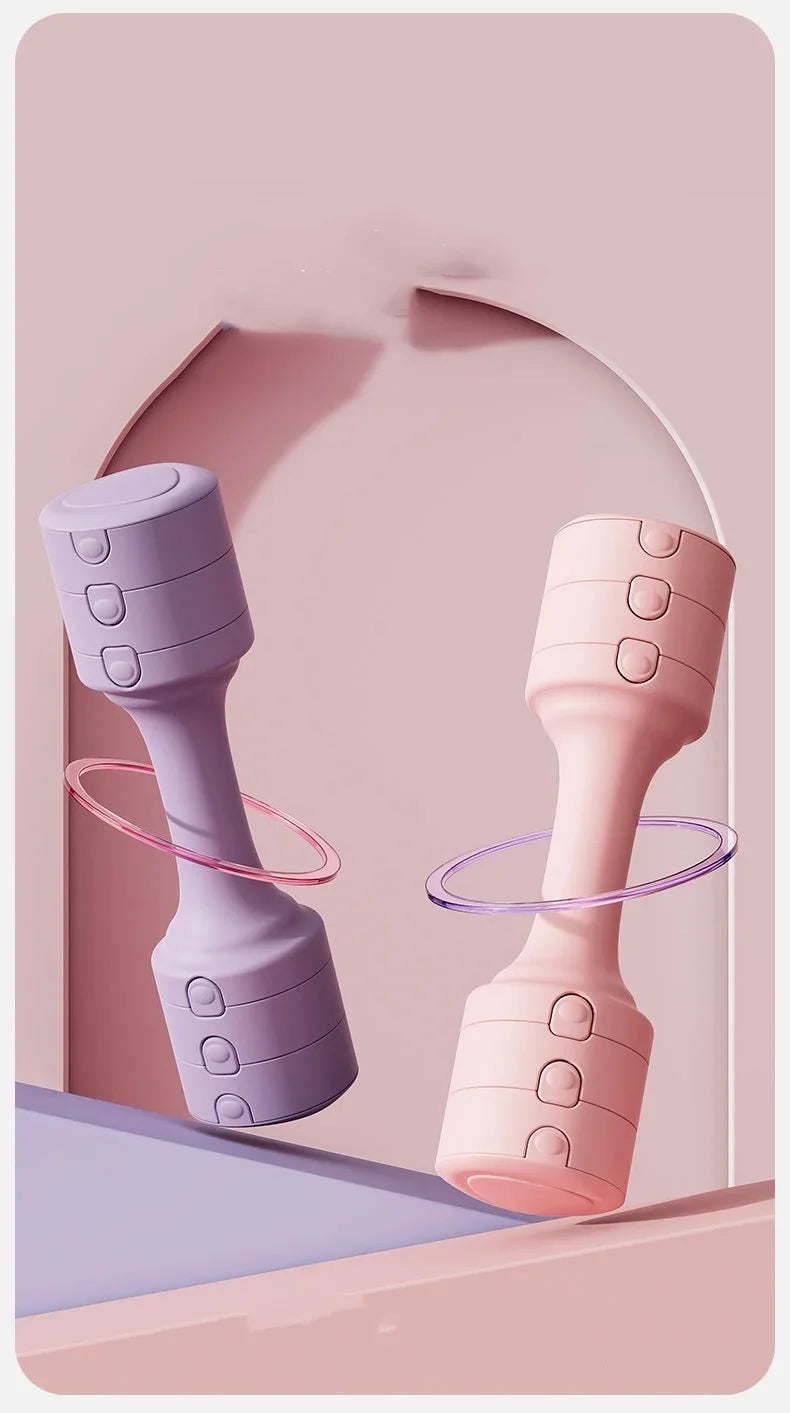 Adjustable dumbbells in pink and purple, suitable for strength training, 0-5kg.