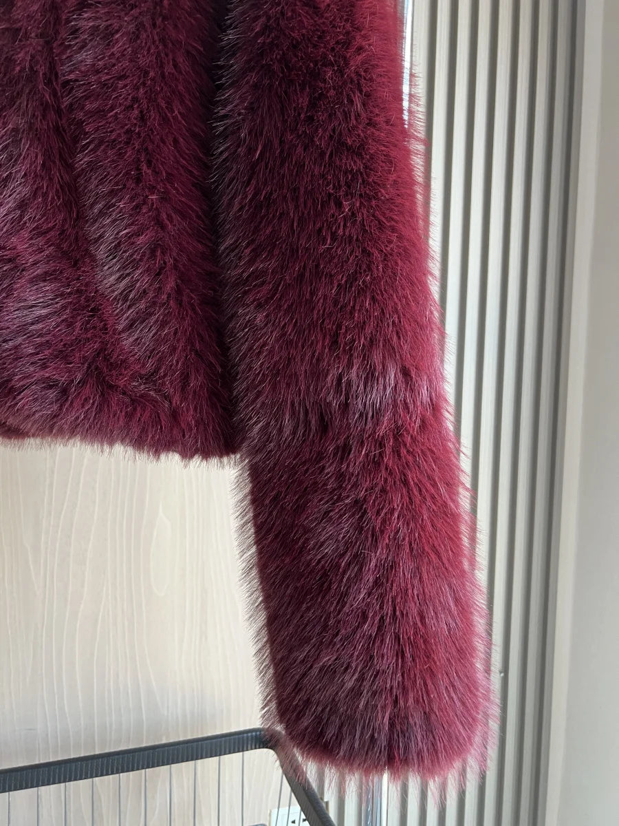 Faux fur jacket Traf 2024 Fall/Winter New Fashion Women's Faux Fur Effect Round Neck Long Sleeve Short Jacket