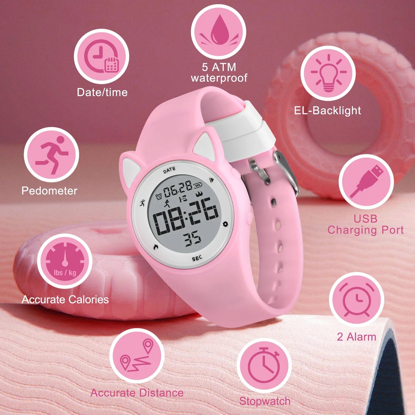 Pink kid's fitness tracker watch with silicone band, featuring digital LED display, waterproof, pedometer, and USB charging port.
