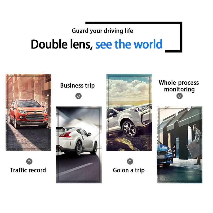 Double lens dash cam for comprehensive driving recording and monitoring.