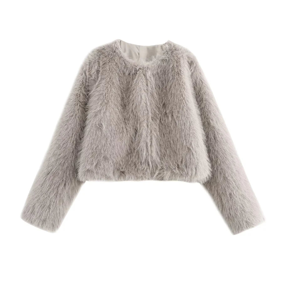 Faux fur jacket Traf 2024 Fall/Winter New Fashion Women's Faux Fur Effect Round Neck Long Sleeve Short Jacket