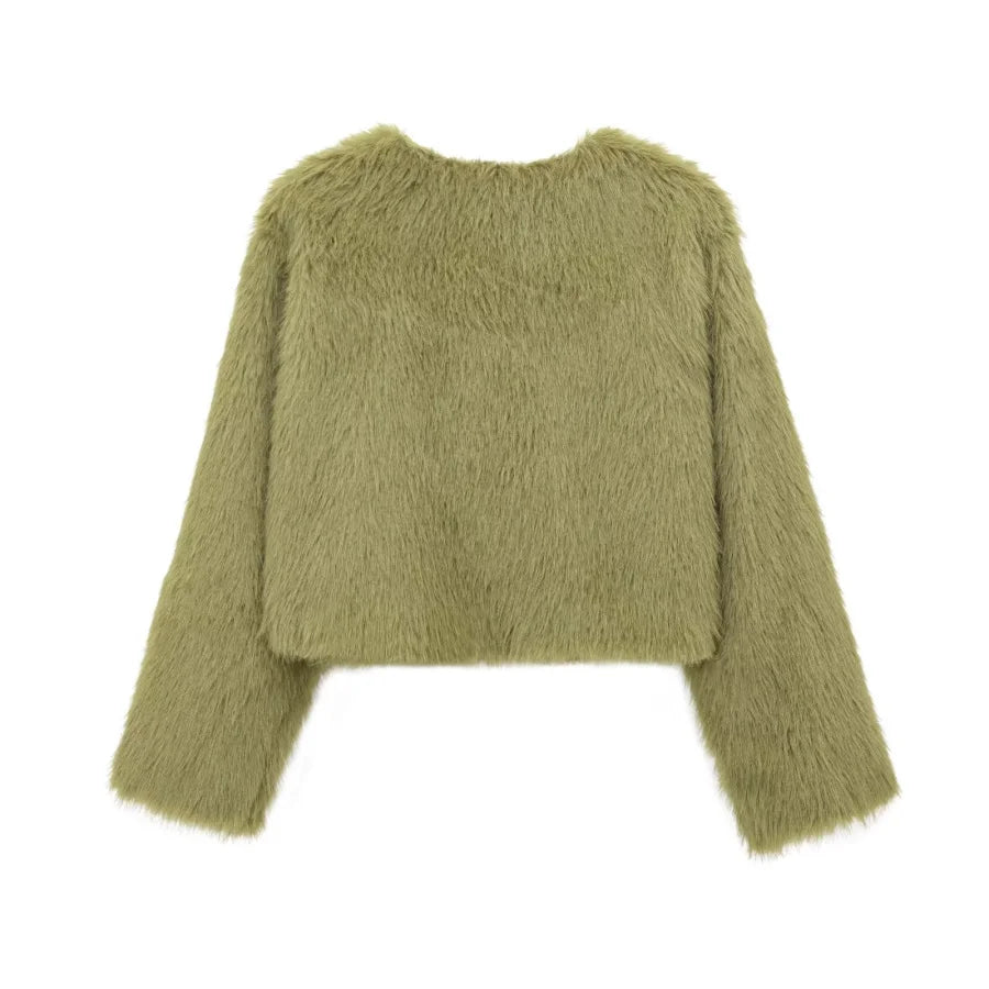 Faux fur jacket Traf 2024 Fall/Winter New Fashion Women's Faux Fur Effect Round Neck Long Sleeve Short Jacket