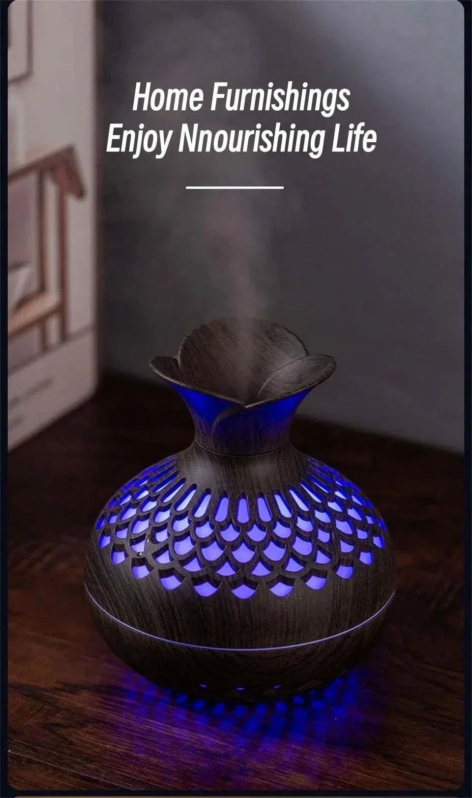 Wood grain humidifier with blue LED light on wooden table.