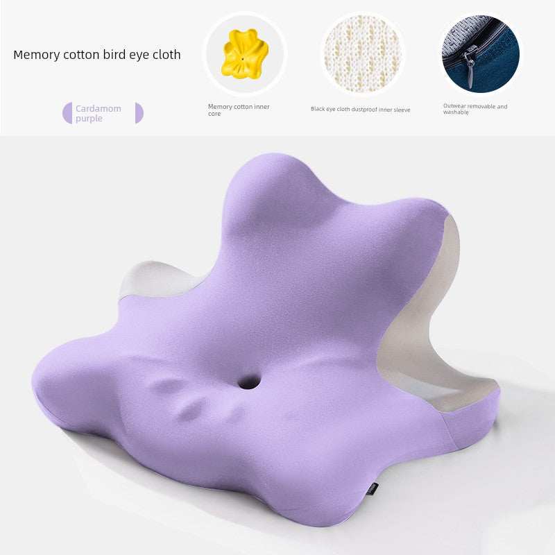 Cervical support neck pillow in purple memory foam design.