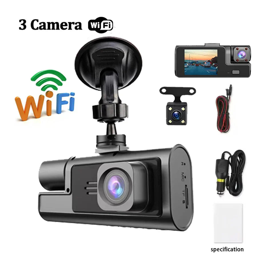 Three-camera WiFi dash cam with accessories and HD screen display.