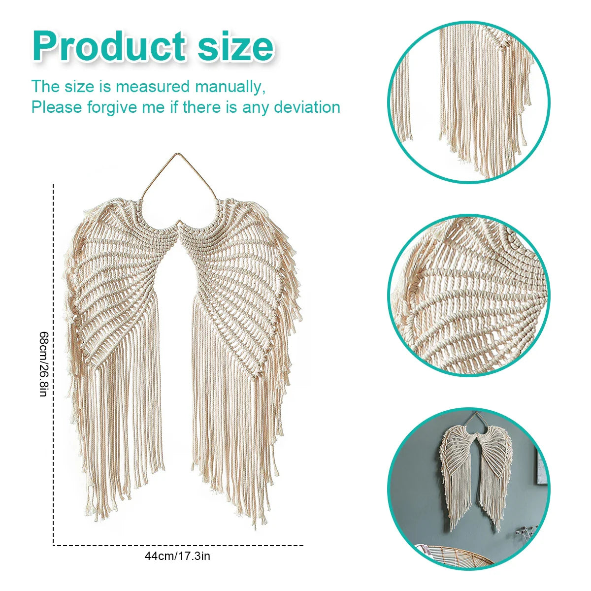 Handmade macrame wall hanging tapestry with ethnic woven tassels in a rustic angel wing shape for home decor, size 68cm x 44cm.