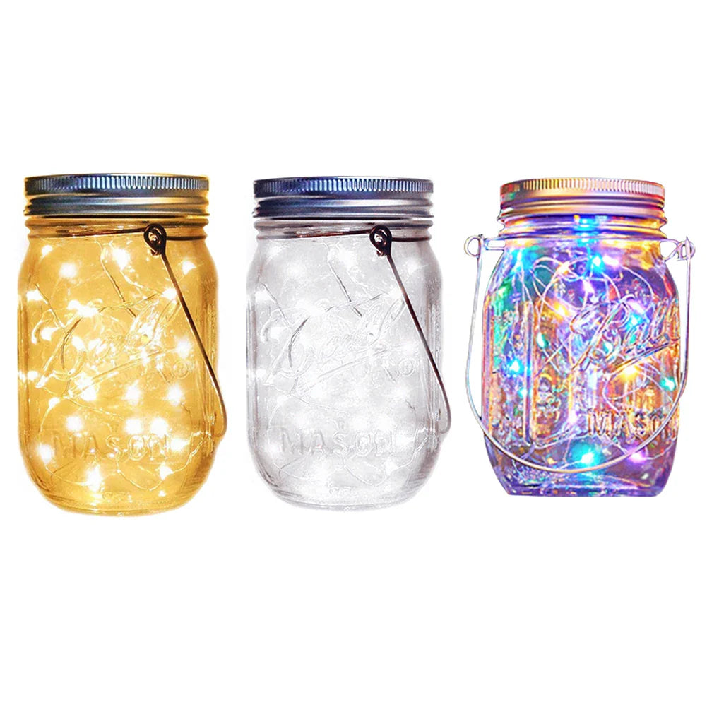 Solar mason jar lights with warm, white, and multicolor LEDs, eco-friendly decoration for gardens or patios.