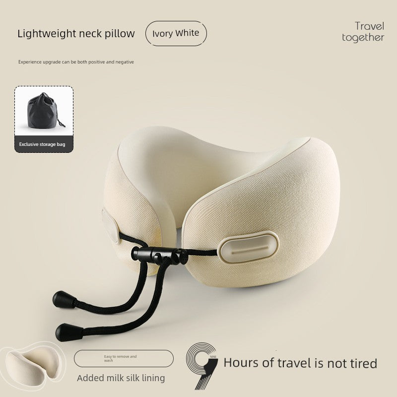 Ivory white U-shaped travel pillow with memory cotton, designed for neck support on flights, featuring retractable folding and milk silk lining.