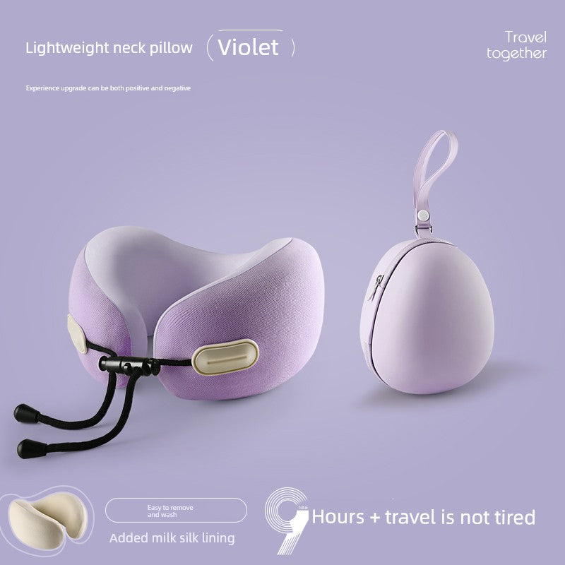U-shaped travel pillow in violet with memory foam for neck support, featuring retractable folding and compact carrying case.