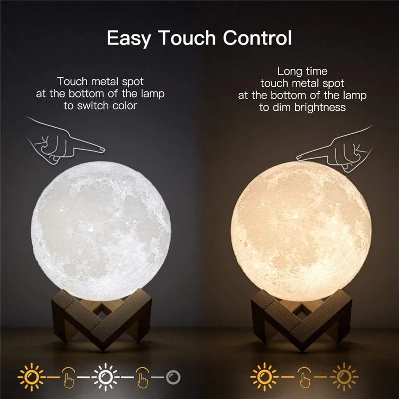 3D moon lamp with easy touch control for color and brightness adjustment, featuring a realistic lunar texture, positioned on a wooden stand.
