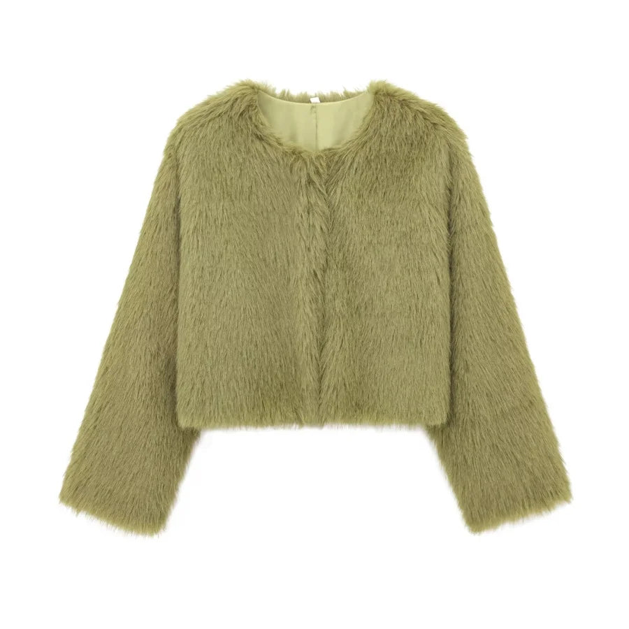 Faux fur jacket Traf 2024 Fall/Winter New Fashion Women's Faux Fur Effect Round Neck Long Sleeve Short Jacket