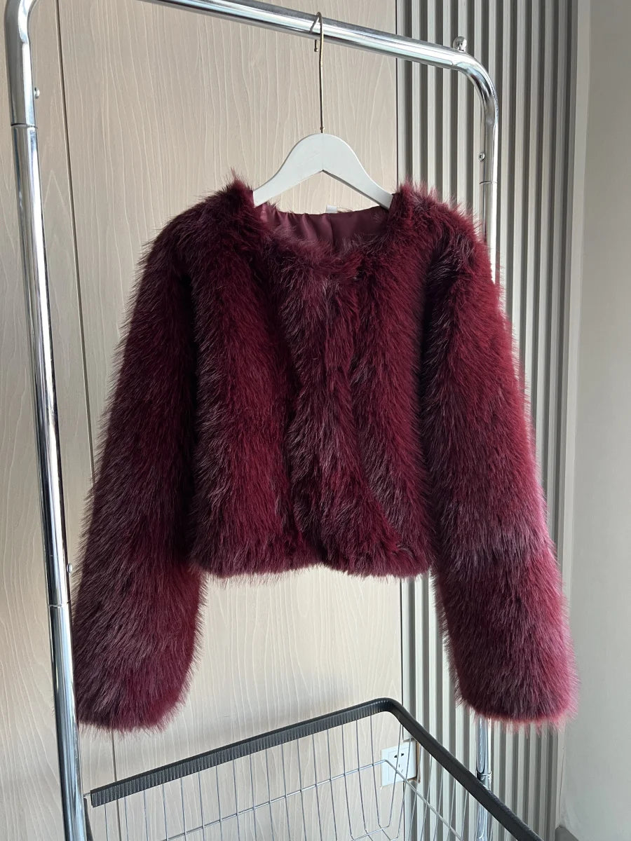 Faux fur jacket Traf 2024 Fall/Winter New Fashion Women's Faux Fur Effect Round Neck Long Sleeve Short Jacket