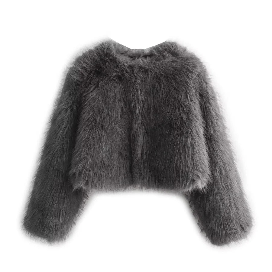 Faux fur jacket Traf 2024 Fall/Winter New Fashion Women's Faux Fur Effect Round Neck Long Sleeve Short Jacket