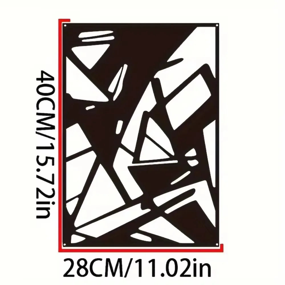 Abstract metal wall art with minimalist design, 28x40 cm, featuring geometric shapes in black and white.