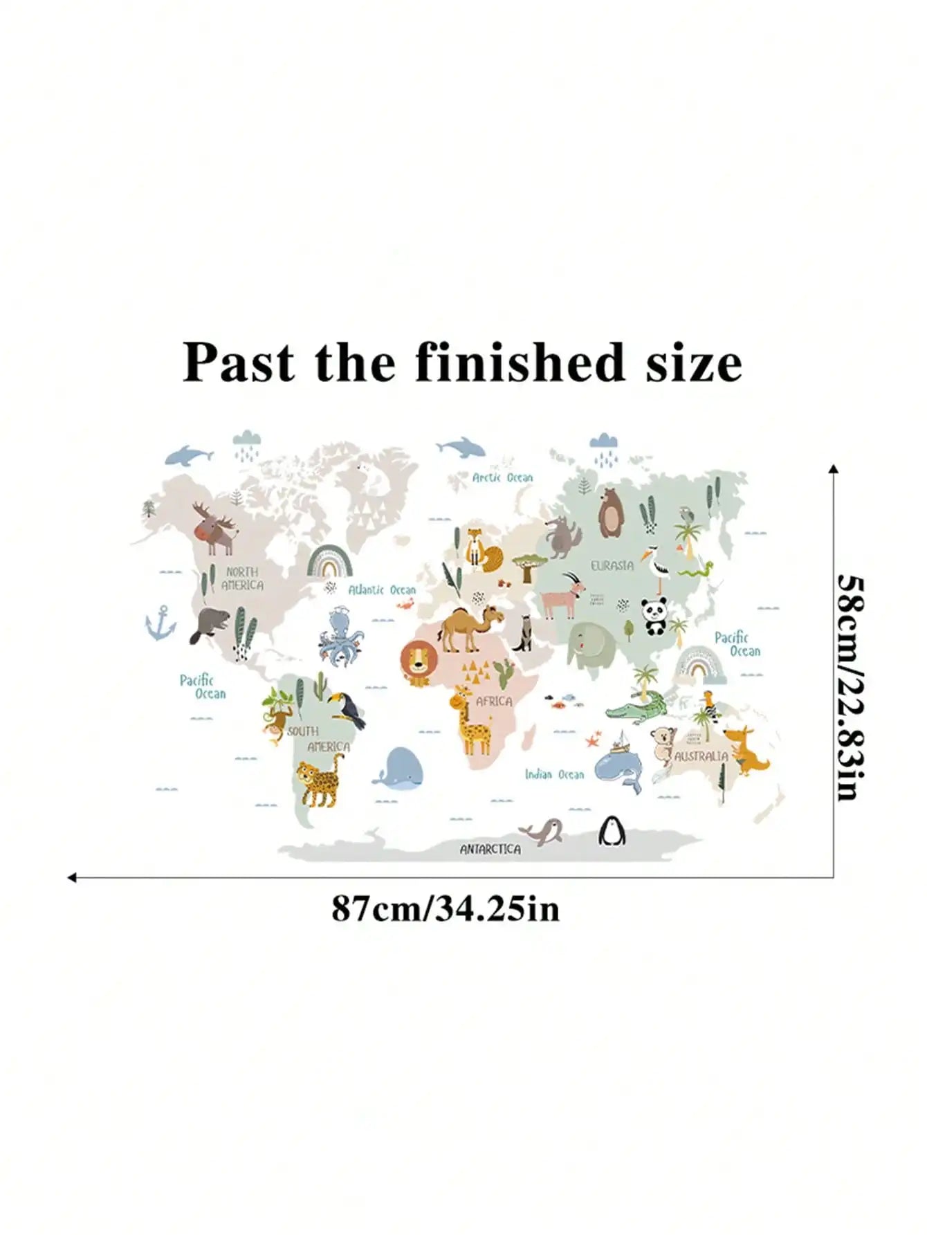 kids world map wall sticker with cartoon animals, 87cm by 58cm, PVC material