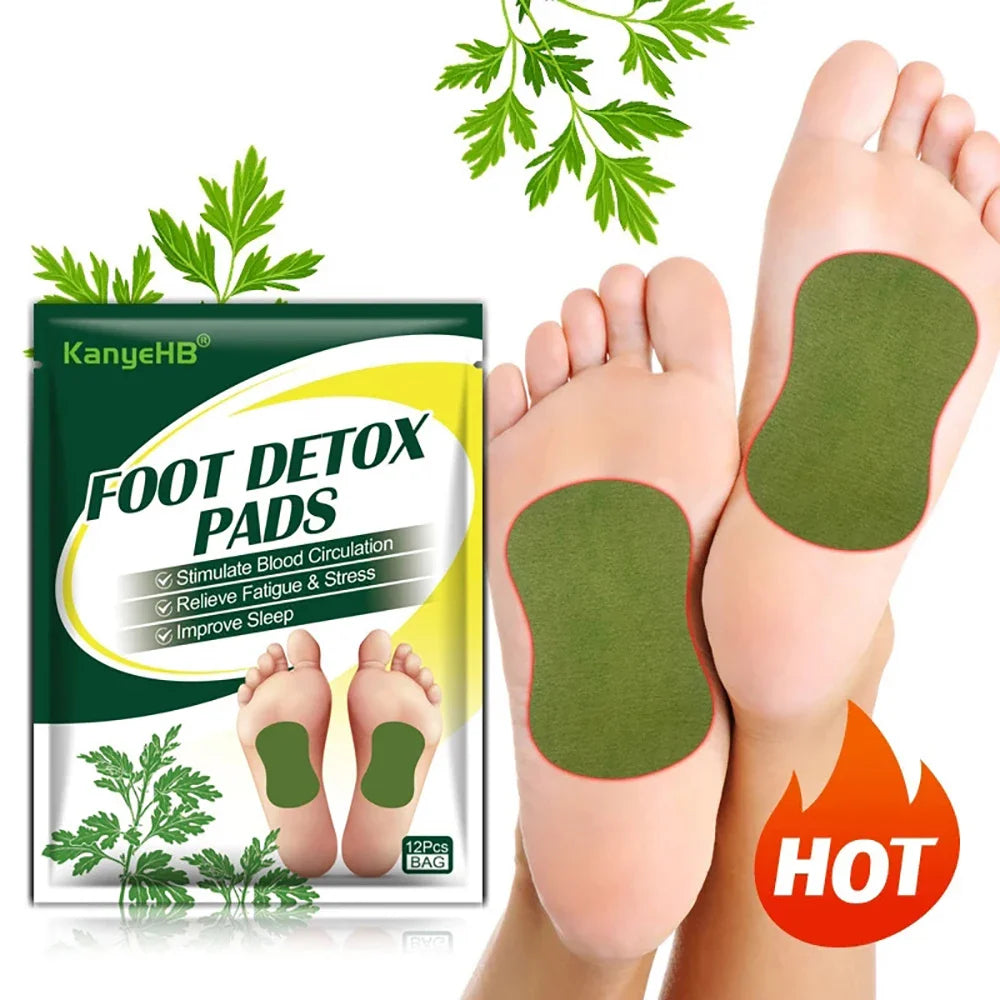 Detox foot patches with herbal wormwood for toxin cleansing and stress relief shown on feet with product packaging.