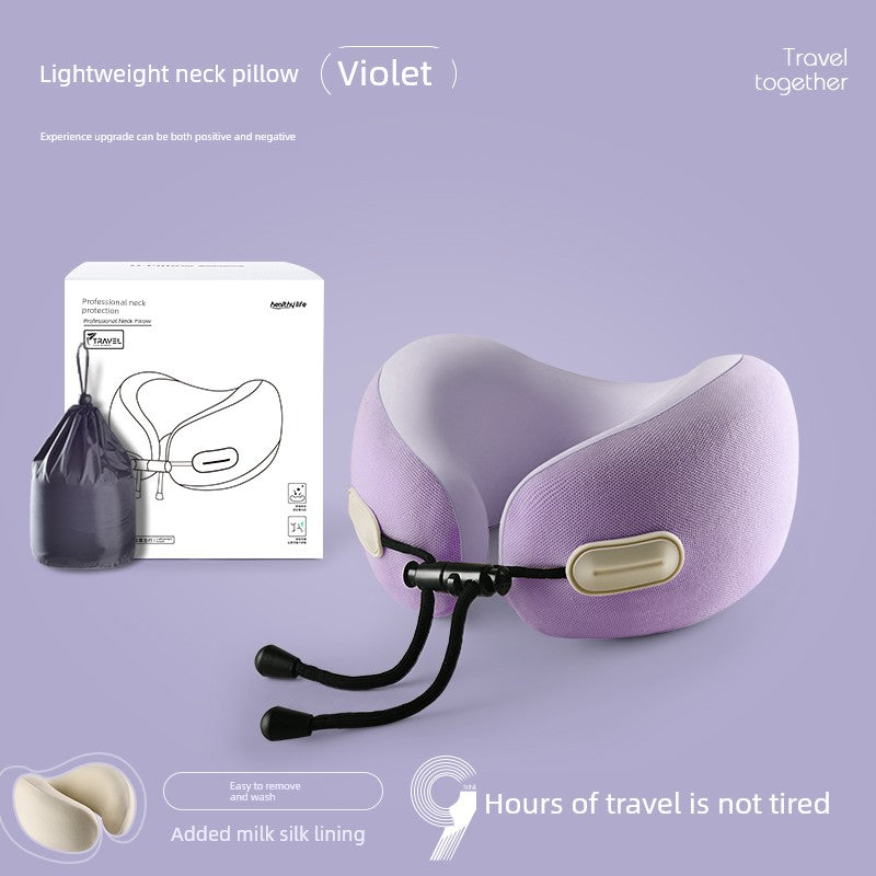 Violet U-shaped travel pillow with memory cotton, retractable design for neck support.