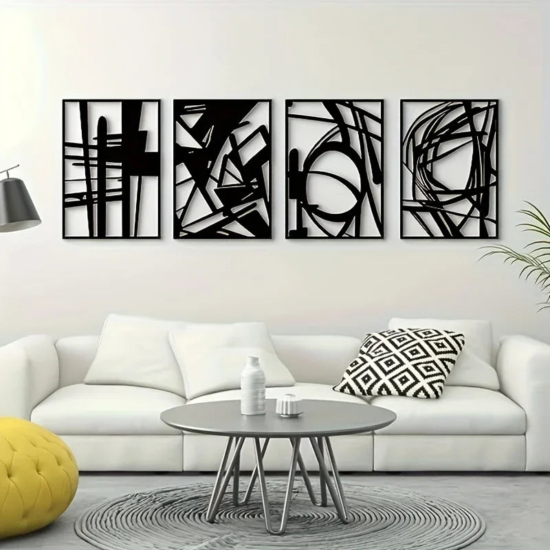 Abstract metal wall art featuring minimalist single line design, displayed above a modern sofa in a stylish living room.