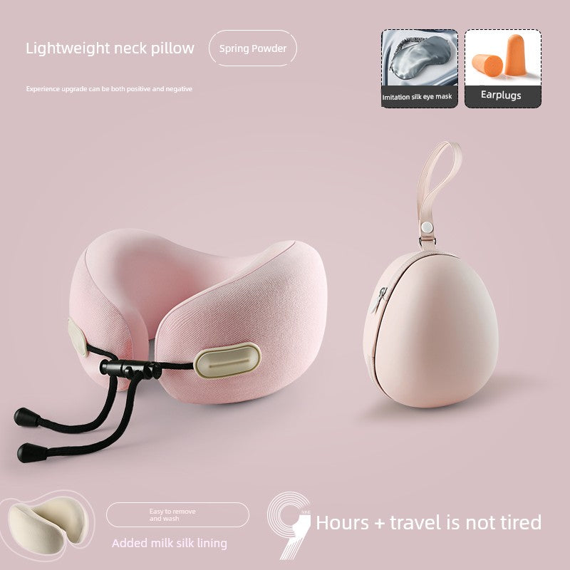 U-shaped travel pillow with memory cotton, retractable design, and polyester fiber material, ideal for aircraft use.