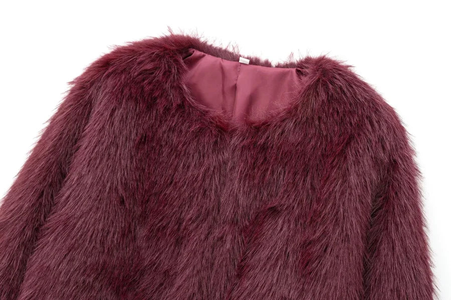 Faux fur jacket Traf 2024 Fall/Winter New Fashion Women's Faux Fur Effect Round Neck Long Sleeve Short Jacket