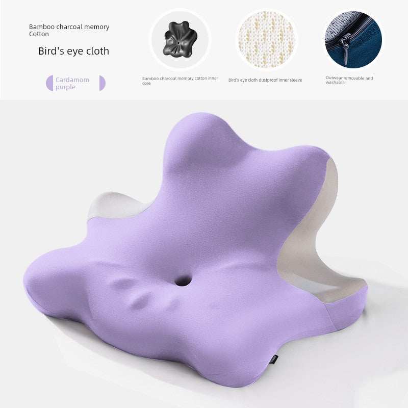 Cervical support neck pillow in purple with bamboo charcoal memory cotton for optimal comfort.