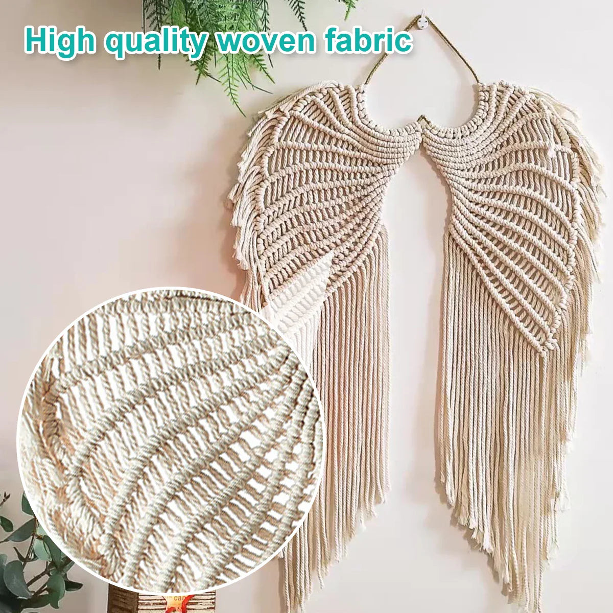 Handmade macrame wall hanging tapestry with ethnic crochet design, featuring angel wing shape, rustic style, and cotton material for home decor.