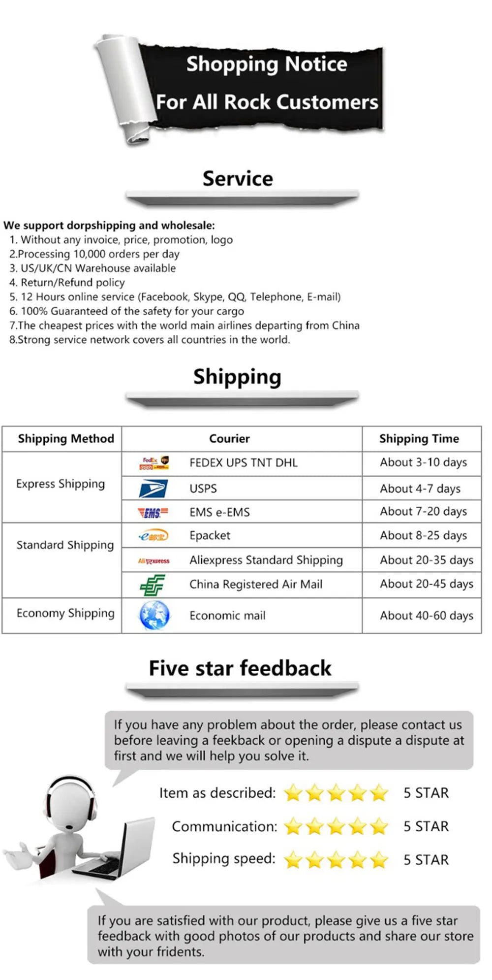 Detox Foot Patches shipping and service information sheet with five-star feedback ratings.
