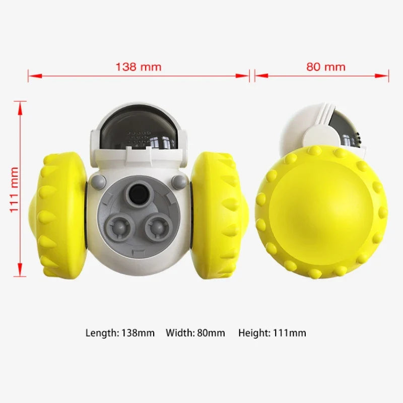 treat dispensing dog toy with yellow wheels and dimensions of 138mm length, 80mm width, and 111mm height