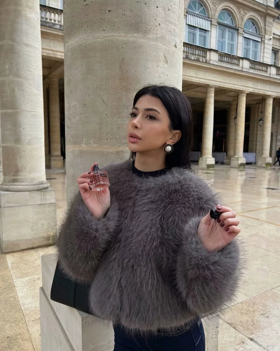 Faux fur jacket Traf 2024 Fall/Winter New Fashion Women's Faux Fur Effect Round Neck Long Sleeve Short Jacket