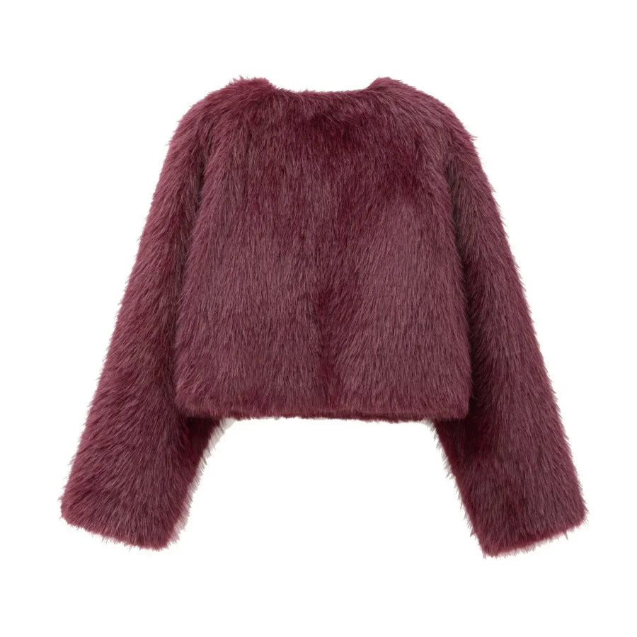 Faux fur jacket Traf 2024 Fall/Winter New Fashion Women's Faux Fur Effect Round Neck Long Sleeve Short Jacket