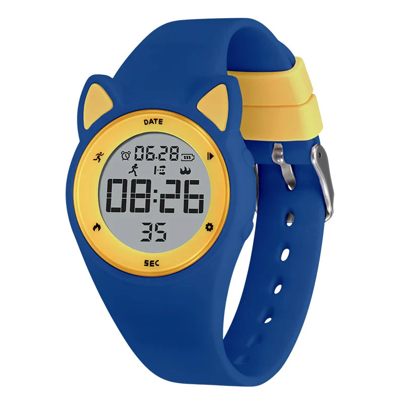 Kids fitness tracker watch with blue silicone band and yellow animal-shaped case, featuring LED display and digital movement.