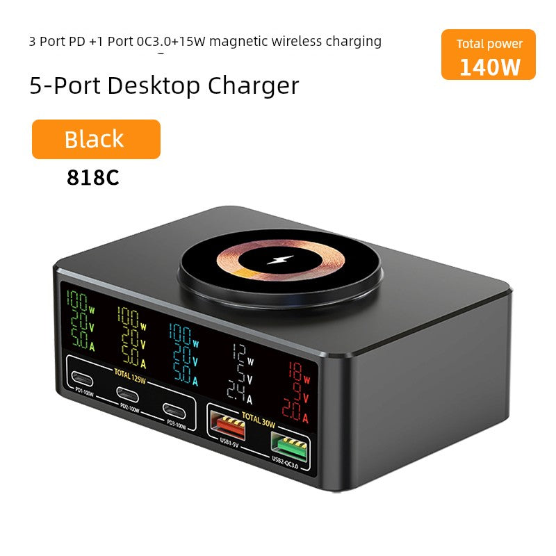 140W GaN fast charger with PD, magnetic wireless charging, USB and Type-C ports.