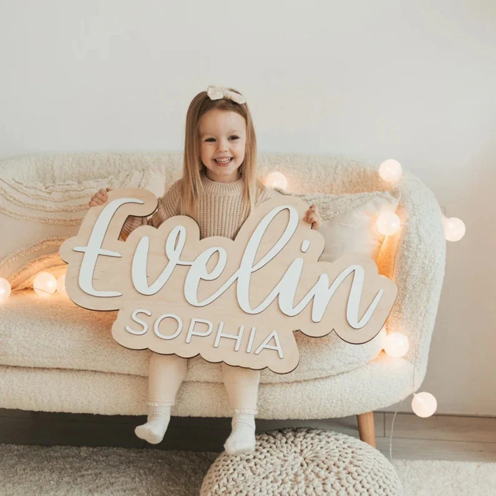 Customized wood baby name sign featuring "Evelin Sophia," ideal for nursery room decor.